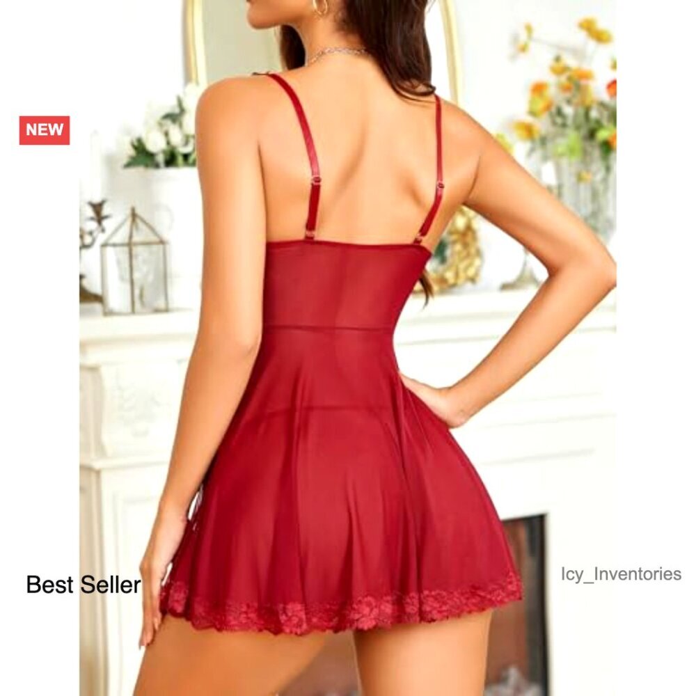 Lace Babydoll Chemise Deep V Neck Sleepwear Elegant Boudoir Nightwear - Picture 2 of 6